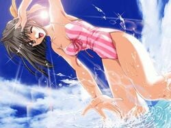 beach black_hair brown_eyes brown_hair casual_one-piece_swimsuit cloud color dutch_angle enomoto_tsukasa game_cg hair_ribbon human jpeg_artifacts lens_flare mitsumi_misato one-piece_swimsuit pia_carrot_(series) ribbon shading_eyes short_hair sky splash splashing striped striped_swimsuit sun swimsuit wading water welcome_to_pia_carrot_2 wink