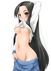 black_hair blush breasts female female_only human long_hair mound_of_venus mouth_hold nipples no_bra no_panties school_uniform seifuku serafuku shirt_lift skirt solo suzumiya_haruhi_no_yuuutsu tsuruya undressing uniform very_long_hair yellow_eyes