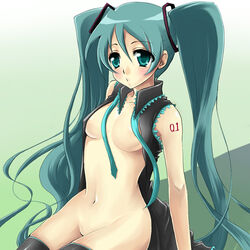 bottomless breasts green_hair hatsune_miku long_hair no_bra no_panties open_clothes open_shirt shirt thighhighs tied_hair twintails very_long_hair vocaloid vocaloid2