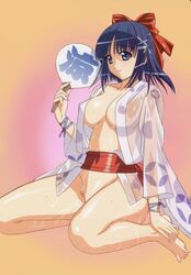 blue_eyes blue_hair bow breasts copyright_request fan highres japanese_clothes kuroda_kazuya no_panties open_clothes open_shirt ribbon see-through shirt short_hair smile toes wet