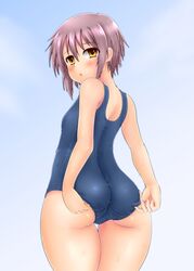 1girls ass blush female nagato_yuki one-piece_swimsuit plump purple_hair school_swimsuit short_hair solo suzumiya_haruhi_no_yuuutsu swimsuit yellow_eyes yukirin_(nagatoyuki_ibukifuko)