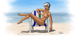 1girls beach blue_eyes breasts earrings eva_bell female female_only hoop_earrings marvel multicolored_hair nathaniel_pilgrim short_hair sitting solo solo_female tanline tempus tempus_(x-men) thong topless two_tone_hair x-men