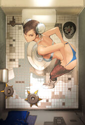 absurdres annoyed ass bathroom bent_over black_eyes black_hair blue_panties boots bra bracelet breasts brown_eyes brown_hair bun_cover chun-li condom double_bun female female_only from_above highres human jewelry ken_masters looking_at_viewer panties pants panty_pull pantyhose pantyhose_pull photo_(object) restroom sagat short_hair solo spiked_bracelet spikes street_fighter toilet toilet_paper trash_can underwear underwear_only used_condom voyeurism white_boots white_bra woorona