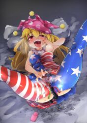 1girls american_flag american_flag_legwear american_flag_shirt anal_beads breasts cameltoe clownpiece erect_nipples female flanvia pantyhose pussy_juice touhou vibrator