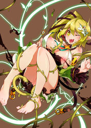 alicecrazy barefoot bondage breasts elf elsword green_hair large_breasts nipples no_bra nopan pointy_ears pussy_juice rena_(elsword) symbol-shaped_pupils tentacle torn_clothes