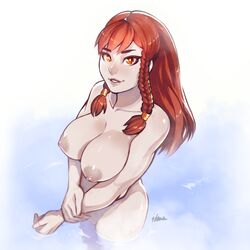 alternate_hairstyle areolae artist_name aurahack braid breasts brown_hair capcom chun-li collarbone female female_only human large_breasts long_hair looking_at_viewer nipples nude parted_lips red_eyes smile solo standing street_fighter tied_hair twin_braids