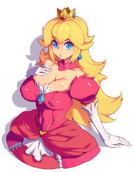 1girls blonde_hair blue_eyes breasts busty cleavage crown dress earrings elbow_gloves erect_nipples female female_only gloves hourglass_figure inverted_nipples jewelry large_breasts long_hair mario_(series) metata nintendo nipples_visible_through_clothing princess_peach solo voluptuous