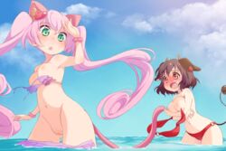 accidental_exposure animal_ears bikini blush bottomless breast_hold breasts censored color covering criticrista enf female holmy holmy_(show_by_rock!!) horns mosaic_censoring nekomimi open_mouth pussy rosia_(show_by_rock!!) rosia_(show_by_rock!) show_by_rock!! swimsuit tail takano_natsuki topless torn_clothes wardrobe_malfunction water wet