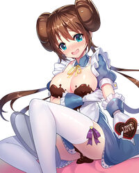 :d aqua_eyes blush breasts brown_hair chocolate cleavage convenient_censoring detached_collar double_bun english female gloves heart holding long_hair looking_at_viewer nintendo open_mouth pokemon pokemon_bw2 ribbon ririko_(zhuoyandesailaer) rosa_(pokemon) sitting smile solo tears thighhighs white_legwear