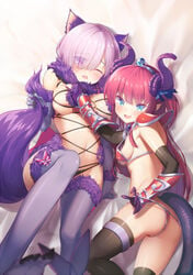 2girls animal_ears armor ass bare_shoulders bikini bikini_armor bikini_aside black_legwear black_nails black_panties blue_eyes blue_ribbon blush breast_grab breasts clothing_aside curled_horns elbow_gloves elizabeth_bathory_(brave) elizabeth_bathory_(fate) fate/grand_order fate_(series) fur_trim gloves grabbing hair_over_one_eye hair_ribbon halloween halloween_costume large_breasts long_hair looking_at_viewer lying mash_kyrielight multiple_girls nail_polish naughty_face navel on_back one_eye_covered panties pauldrons pink_hair pointy_ears purple_eyes purple_hair purple_legwear red_bikini revealing_clothes ribbon rokuroku_(xd_p) shielder_(fate/grand_order) short_hair sideboob small_breasts string_bikini swimsuit swimsuit_aside tail tail_grab thighhighs tiara two_side_up underwear vambraces wolf_ears wolf_tail