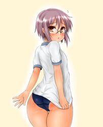 ass blush buruma female glasses gym_uniform huge_ass nagato_yuki panties plump purple_hair short_hair sidelocks small_breasts suzumiya_haruhi_no_yuuutsu underwear wide_hips yellow_eyes yukirin_(nagatoyuki_ibukifuko)