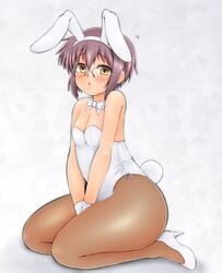 animal_ears bare_shoulders between_thighs blush breasts bunny_ears bunny_tail bunnysuit cleavage detached_collar fake_animal_ears female fishnet_pantyhose fishnets glasses hairband high_heels looking_at_viewer nagato_yuki pantyhose plump purple_hair shoes short_hair sitting solo suzumiya_haruhi_no_yuuutsu tail thick_thighs thighs wrist_cuffs yellow_eyes yukirin_(nagatoyuki_ibukifuko)