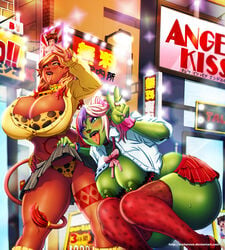 2girls big_ass bimbo breasts busty corruption_of_champions cow_ears cow_girl cow_horns cow_tail cowbell dark-skinned_female dark_skin darkereve excellia_(corruption_of_champions) exhibitionism eyeshadow female green_skin gyaru gyarufication gyarufied huge_ass huge_breasts large_breasts lipstick makeup multiple_girls nipple_slip nipples orc orc_female panties skirt_lift v vem voluptuous world_of_warcraft