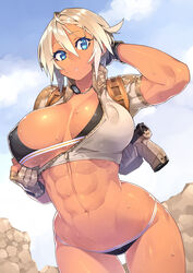 1girls abs blonde_hair blue_eyes bra breasts dark-skinned_female dark_skin female female_only large_breasts muscular_female navel original panties sela_(sela_god) sela_god short_hair solo standing sweat