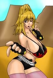 1girls amayu big_breasts bikini bikini_top blonde_hair breasts colored cosplay epsilon42 female gloves gravion hair huge_breasts looking_at_viewer open_mouth pose solo stockings swimsuit tachibana_mizuki tengen_toppa_gurren-lagann tengen_toppa_gurren_lagann wink yoko_littner yoko_littner_(cosplay)