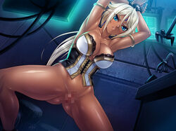 bangs blue_eyes bondage breasts cara_the_blood_lord censored cleavage dark_skin earrings female forehead_jewel hair_between_eyes jewelry kagami_hirotaka large_breasts lilith-soft lipstick looking_at_viewer marika_krishna pussy shiny shiny_skin sidelocks silver_hair spread_legs taimanin_asagi_battle_arena