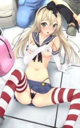 1girls 2boys anal anal_insertion anus breast_hold breasts censored clitoris_slip kantai_collection murakami_suigun nipples no_bra panties partially_visible_vulva pussy sex_toy shimakaze_(kantai_collection) skirt spread_legs stealth_masturbation thighhighs thong torn_clothes underboob vaginal_insertion