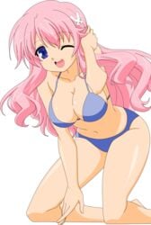 absurdres artist_request baka_to_test_to_shoukanjuu bare_midriff bikini blue_eyes breasts busty cleavage female female hair_ornament hairclip highres himeji_mizuki hips large_breasts legs long_hair looking_at_viewer mound_of_venus navel open_mouth photoshop pink_hair smile solo standing swimsuit thighs tongue transparent_background uncensored vector_trace wink