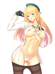 areola atago_(kantai_collection) breast_hold cameltoe dress_shirt erect_nipples kantai_collection ltt_challenger no_bra open_clothes open_shirt panties pantyhose pussy_juice shirt