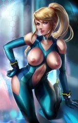 1girls areolae bare_shoulders beauty_mark blonde_hair blue_eyes blush bodysuit breast_cutout breastless_clothes breasts collarbone elbow_gloves female female_only gloves highres hip_vent large_breasts leaning_forward lips long_hair looking_at_viewer metroid mole navel navel_cutout nintendo nipples parted_lips ponytail samus_aran shiny shiny_skin smile solo terufuu tied_hair zero_suit zero_suit_samus