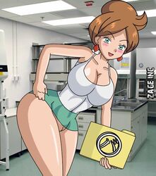 1girls aurea_juniper blush breasts earring exhibitionism female human jewelry nintendo photo_background pokemon pokemon_bw pokemon_professor sakaki_(artist) smile solo zage_inc