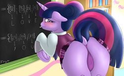 1girls anthro ass bent_over blackboard blush book cameltoe chalk chalkboard classroom equine female friendship_is_magic h3nger horn horse indoors inside long_hair looking_at_viewer looking_back mouth_hold multicolored_hair my_little_pony necktie panties pony presenting purple_eyes purple_fur purple_panties purple_skin schoolgirl skirt smile twilight_sparkle_(mlp) unicorn upskirt