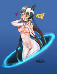 black_hair blue_background cyborg female glados glowing glowing_eyes highres humanized looking_at_viewer navel nude portal_(series) pussy short_hair simple_background solo tattoo tofuchenco wire