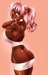 1girls alternate_breast_size ass back_muscles breasts brown_eyes clothing dark-skinned_female dark_skin female female_only ganguro highres huge_breasts large_breasts lip_piercing long_hair looking_at_viewer minami-ke original piercing pink_background pink_hair ponytail revealing_clothes shiny shiny_skin sideboob skirt solo tan-skinned_female tan_skin thick_thighs tied_hair tokyo_(great_akuta) uchida_yuka wide_hips