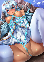 andromeda_(p&d) bondage breasts censored chains nipples no_bra nopan open_clothes open_shirt pussy pussy_juice puzzle_&_dragons samoore shirt thighhighs