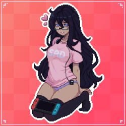 2020s 2023 black_hair black_thighhighs blue_eyes checkered_background dark-skinned_female female glasses headphones heart hearts_around_head kana_fujisawa long_hair mp3_player nerdy_female nintendo_switch no_pants on_knees panties pixel_art shirt solo thighhighs tumblr_link white_outline yumykon yumyverse