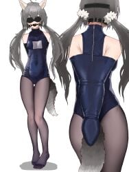 absurdres animal arms_behind_back ball_gag black_blindfold black_pantyhose blindfold breasts commission elegia gag gagged grey_hair highres long_hair machine_translated monoglove navel one-piece_swimsuit original pantyhose restrained school_swimsuit second-party_source small_breasts swimsuit tail thigh_gap translated zipper