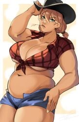 1girls artist_signature chubby cleavage cowboy_hat cowboy_shot cowgirl cowgirl_(profession) female freckles green_eyes hand_on_hat hat looking_at_viewer midriff original plaid_shirt plump puzzled_artist short_hair short_shorts shorts solo solo_focus straw straw_in_mouth tan tan_skin tied_shirt twin_braids underboob