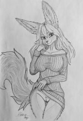 anthro big_tail bottomless canid canine clothed clothing ear_piercing ear_stud feeny feeny_(omgawd) female fennec_fox fluffy fox genitals good_girl graphite_(artwork) hi_res long_ears looking_at_viewer mammal monochrome omgawd peek pencil_(artwork) piercing portrait pussy solo stud_piercing sweater sweater_dress tail teasing three-quarter_portrait topwear traditional_media_(artwork) true_fox