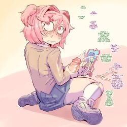 blush blushing box_chan caught caught_cumming caught_in_the_act caught_masturbating cum cum_on_phone cumshot doki_doki_literature_club fully_clothed futanari hands_on_penis masturbating masturbation monika_(doki_doki_literature_club) natsuki_(doki_doki_literature_club) on_knees penis phone stage suprised tagme tagme_(artist) thick_thighs yuri_(doki_doki_literature_club)