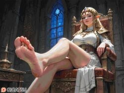 ai_generated barefoot feet foot_fetish foot_focus gigatsu looking_at_viewer nintendo pointy_ears princess_zelda seductive sitting sole_female soles the_legend_of_zelda throne toes zelda_(breath_of_the_wild)