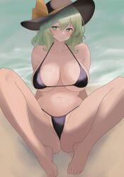 1girls alternate_breast_size ass beach big_ass bikini black_bikini blush feet female green_eyes green_hair hat koishi_komeiji large_breasts long_hair looking_at_viewer moriforest1040 sitting sitting_on_sand skimpy_bikini smile solo spread_legs swimsuit thighs toes touhou watermark