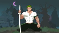 bara clothed earrings human inmomakuro kneeling male male_only moon muscles one_piece pubic_hair roronoa_zoro scar solo sword trees yaoi