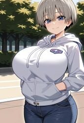 ai_generated blue_eyes coat gigantic_breasts grey_hair huge_breasts jean_shorts kemonogirls light-skinned_female light_skin looking_at_viewer massive_breasts short_hair shortstack smiling solo_female thick_body thick_female uzaki-chan_wa_asobitai! uzaki_hana voluptuous voluptuous_female