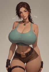 1girls ai_generated braided_hair breasts brown_eyes brown_hair cleavage edenaiart female female_only lara_croft lara_croft_(classic) long_hair massive_breasts shorts slim_waist solo solo_female tank_top thick_thighs tomb_raider