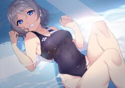 breasts brown_hair competition_swimsuit love_live! love_live!_sunshine!! navel one-piece_swimsuit pool short_hair stomach swimsuit thighs watanabe_you