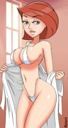 1girls alternate_breast_size ann_possible big_breasts bikini blue_eyes breasts cleavage deep_cleavage disney disney_channel female female_only g-string hourglass_figure human kim_possible large_breasts lipstick looking_at_viewer meegol micro_bikini milf open_robe orange_hair red_hair redhead robe seductive_look solo standing swimsuit white_bikini