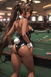 ai_generated ass ass_focus blue_eyes booty brown_hair bunny_ears bunny_tail bunnysuit casino female female_only noloty_malch ponytail tan-skinned_female tan_body tatakau_shisho the_book_of_bantorra