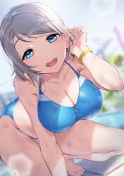 all_fours ass bikini blue_eyes breasts brown_hair cleavage love_live! love_live!_sunshine!! short_hair swimsuit thighs watanabe_you wet