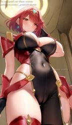 _yumidreams ai_generated blush cameltoe clothed indoors large_breasts light-skinned_female light_skin low-angle_view navel pink_hair pyra pyra_(xenoblade) red_eyes short_hair thick_thighs tight_clothing xenoblade_(series) xenoblade_chronicles_2