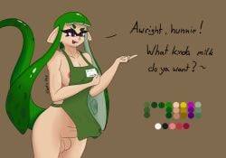 barista big_balls big_breasts big_penis dickgirl futa_only futanari green_hair inkling inkling_girl intersex lovita_lovesson magenta_eyes nipples pale_skin precum slogstin splatoon tagme text