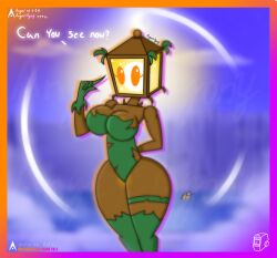 agonywelds anthro arm_behind_back ass breasts breasts fog glowing glowing_eyes lamp light looking_at_viewer plant plant_girl plantern_(pvz) plants_vs_zombies taller_girl text thick_ass thick_thighs thighs