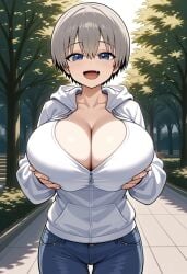 ai_generated blue_eyes gigantic_breasts grey_hair huge_breasts jean_shorts kemonogirls light-skinned_male light_skin looking_at_viewer massive_breasts short_hair shortstack smiling solo_female thick_body thick_female thick_thighs thighs uzaki-chan_wa_asobitai! uzaki_hana voluptuous voluptuous_female