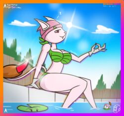 2d 2d_(artwork) agonywelds anthro ass bikini cat_ears cat_tail cattail_(plant) cattail_(pvz) feline female lens_flare looking_at_viewer plant plant_girl plantie plants_vs_zombies pool text thick_ass thick_thighs thighs water