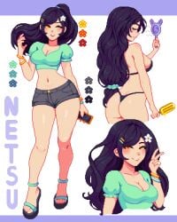 amber_eyes belly_button bikini black_body blouse booty_shorts crop_top fan flower_in_hair holding_phone long_hair multiple_images netsu_kazegawa open_toe_shoes original_character peace_sign ponytail popsicle smartphone thick_thighs wristwear yumykon yumyverse