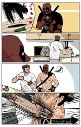 2boys brown_hair cellphone claw_(weapon) cucumber deadpool deadpool_&_wolverine_(2024) feline gay holding_phone iji_1228 kitchen logan_(x-men) marvel nipples nude pectorals sandwich scar shirt short_hair smartphone superhero_costume to_be_continued_meme violence wade_wilson wolverine_(x-men) x-men yaoi